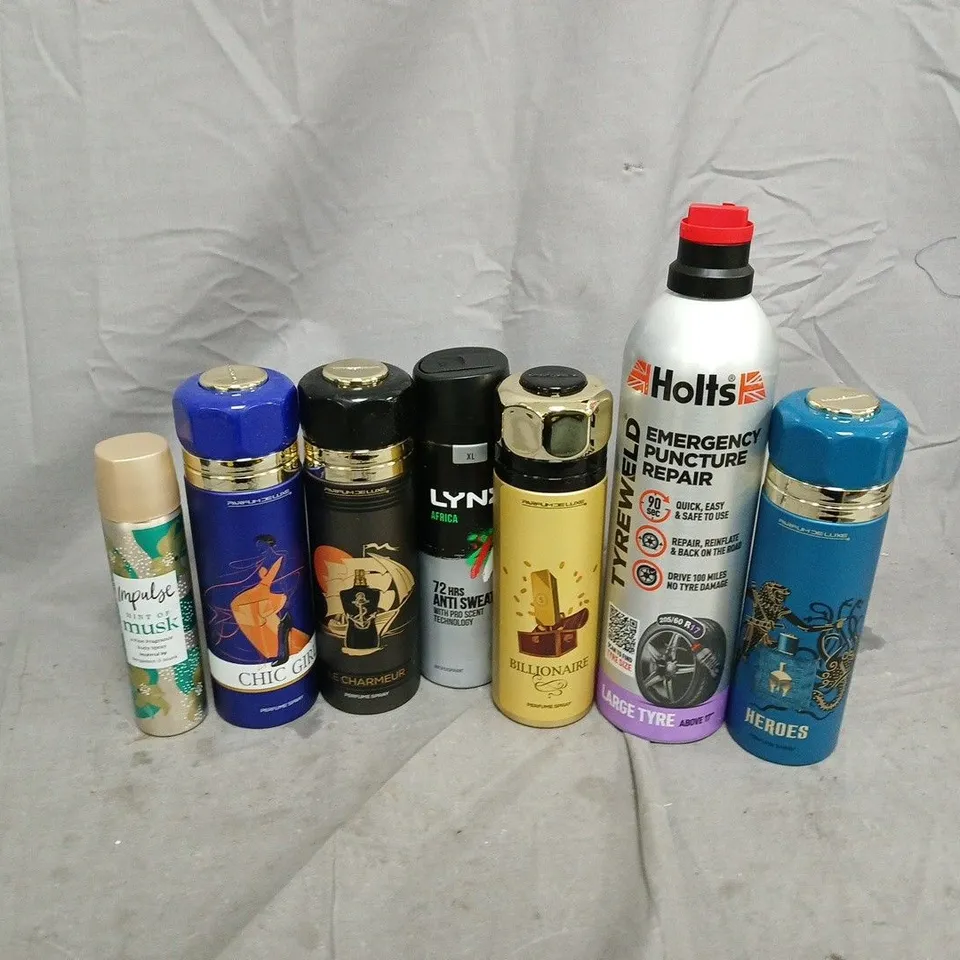 APPROXIMATELY 15 ASSORTED AEROSOLS TO INCLUDE HOLTS EMERGENCY PUNCTURE REPAIR, LYNX AFRICA, IMPULSE HINT OF MUSK, ETC - COLLECTION ONLY