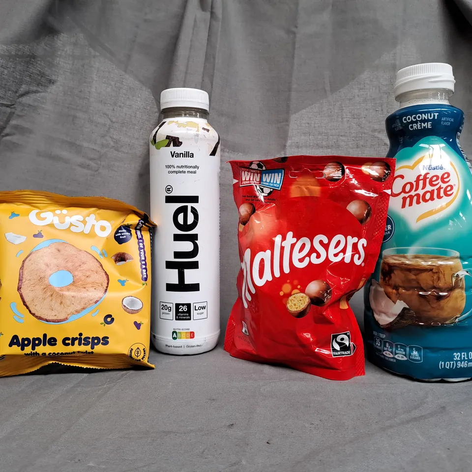 TOTE OF APPROX 10 ASSORTED FOOD ITEMS TO INCLUDE - HUEL VANILLA , APPLE CRISPS , NESTLE COFFEE MATE ETC