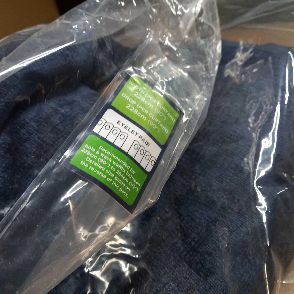 PACKAGED NAVY MARL EYELET PAIR CURTAINS - SIZE APPROX W228CM X D228CM