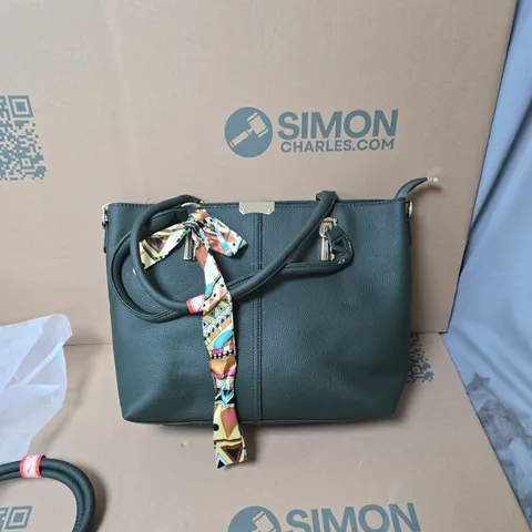 DARK TEAL LEATHER HANDBAG WITH DECORATIVE SCARF ACCESSORY