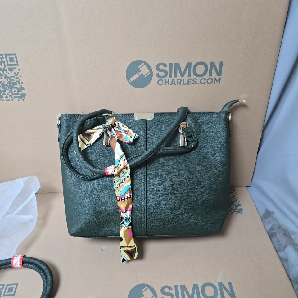 DARK TEAL LEATHER HANDBAG WITH DECORATIVE SCARF ACCESSORY