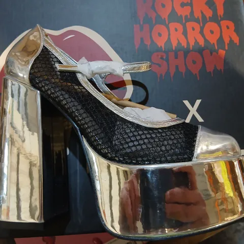 BOXED KOI ROCKY HORROR SHOW REGULAR FRANKIE FAN FISHNET PLATFORM HEELS - UK 4