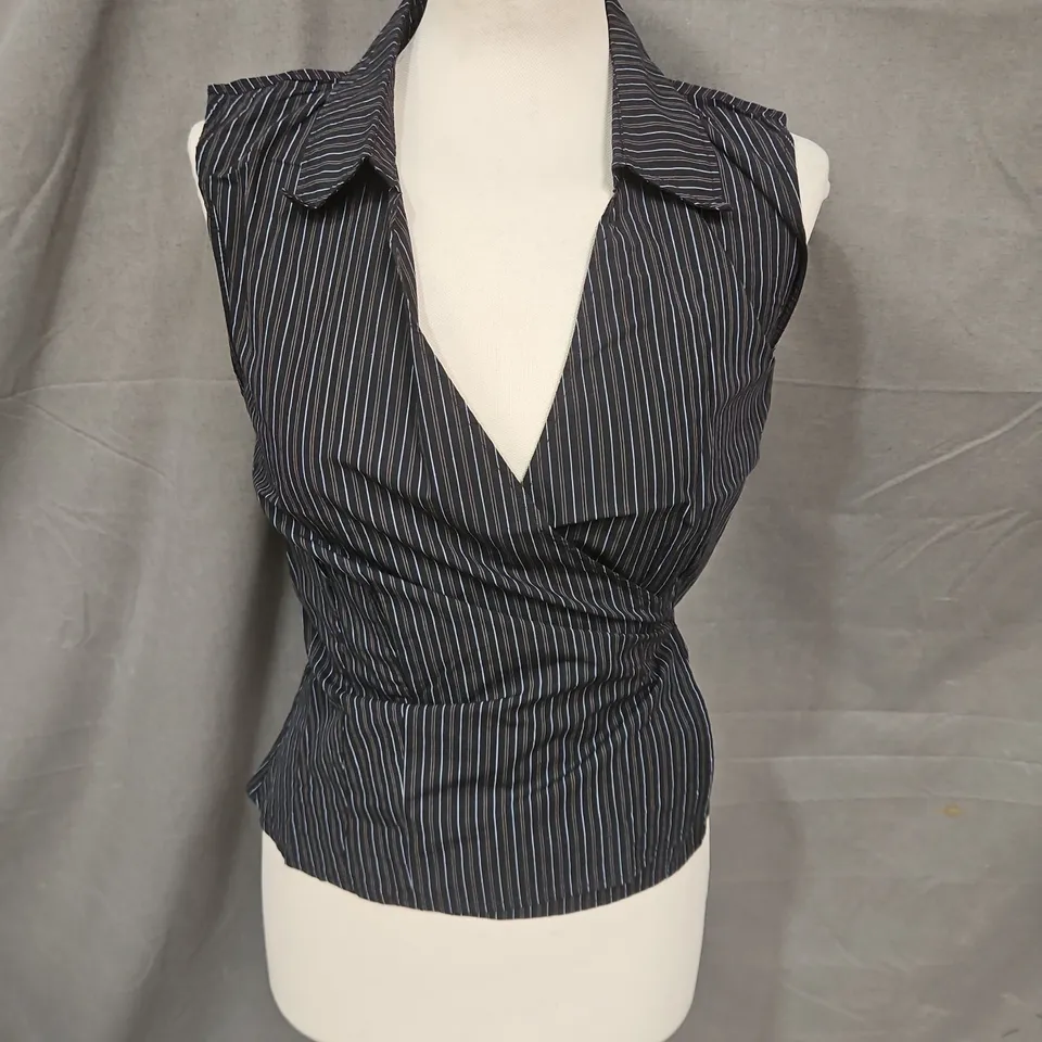 WEEKDAY SLEEVELESS WRAP TOP IN BLACK STRIPE SIZE XS