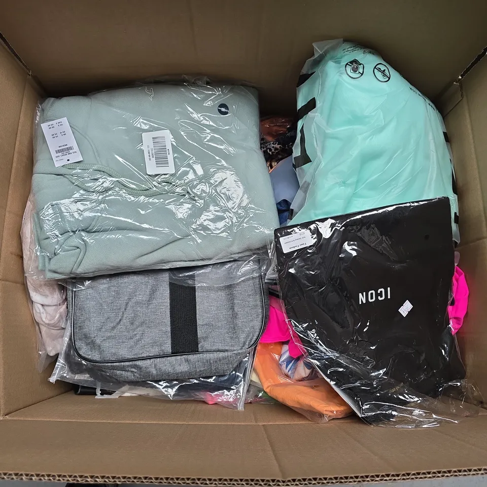 LARGE BOX OF APPROXIMATELY 20 ASSORTED CLOTHING ITEMS IN VARIOUS SIZES, STYLES AND COLOUR 