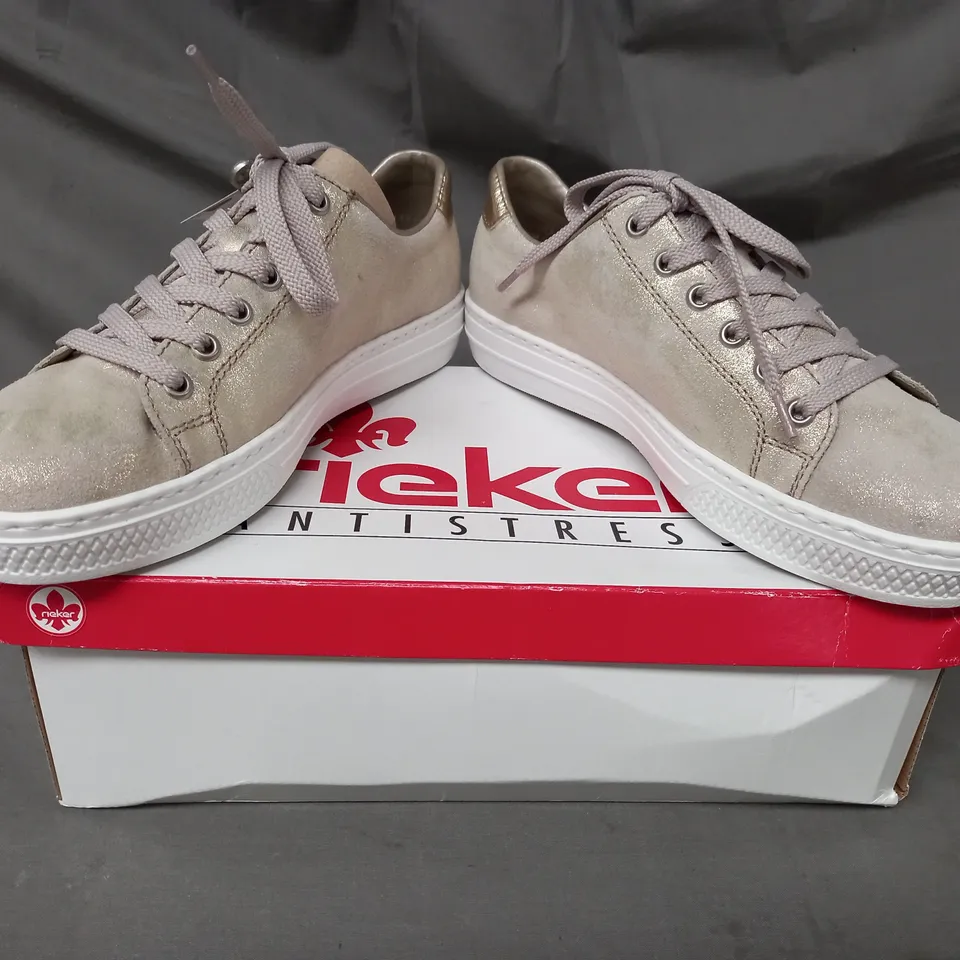BOXED PAIR OF RIEKER TRAINERS IN METALLIC GOLD SIZE 5