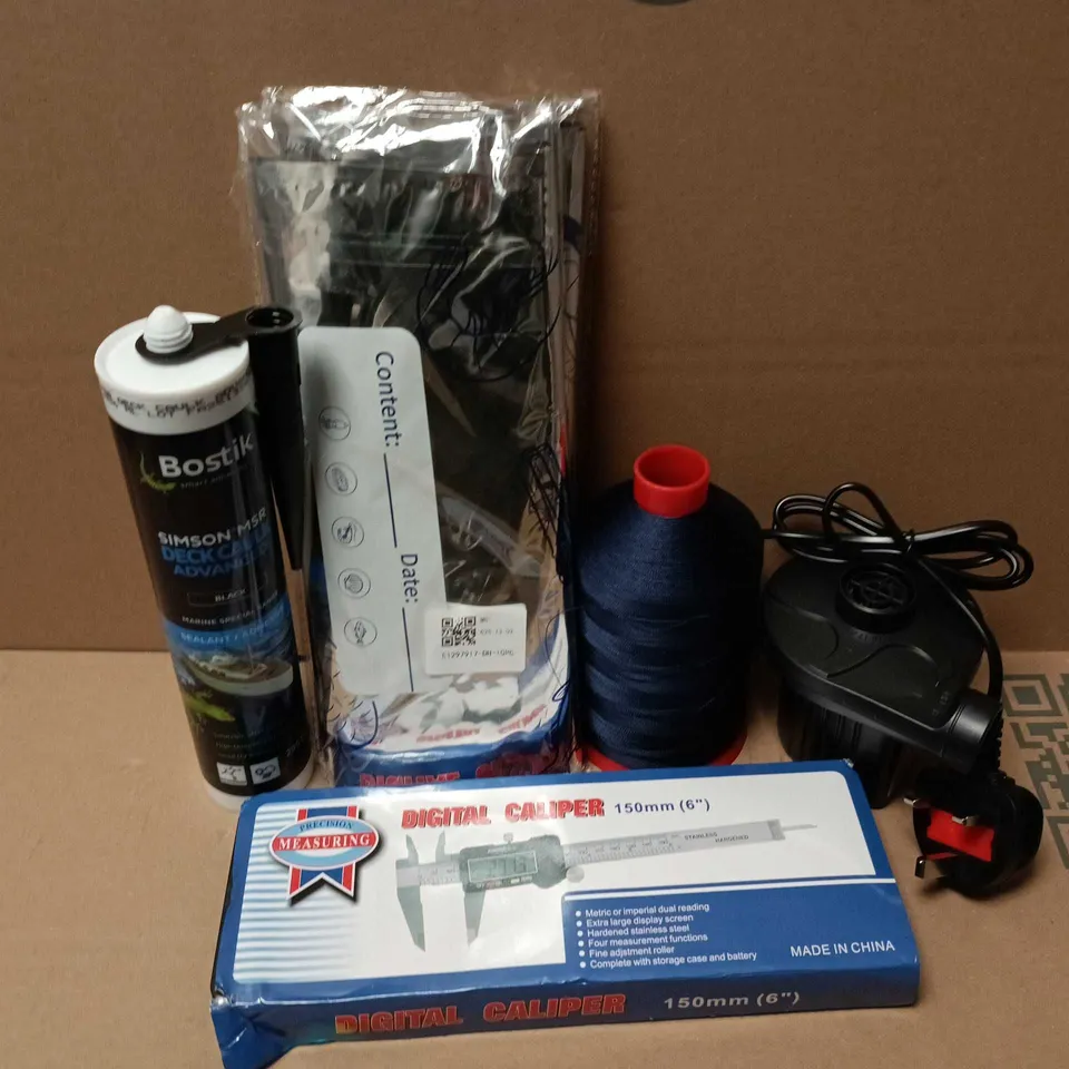 APPROXIMATELY 12 ASSORTED HOUSEHOLD ITEMS TO INCLUDE DIGITAL CALIPER, BOSTIK DECK CAULK, AIR PUMP, ETC