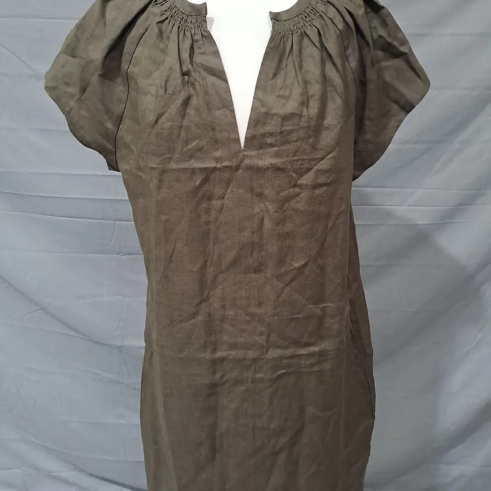 JIGSAW LINEN SMOCKED T-SHIRT DRESS IN MUDDY GREEN UK SIZE 16