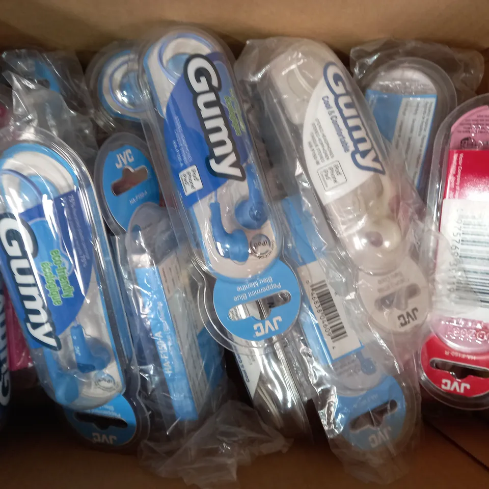BOX OF APPROXIMATELY 20 ASSORTED JVC GUMY STEREO HEADPHONES IN VARIOUS COLOURS