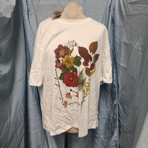 NOBODY'S CHILD JERSEY WHITE FLORAL GRAPHIC OVERSIZED TEE – UK M