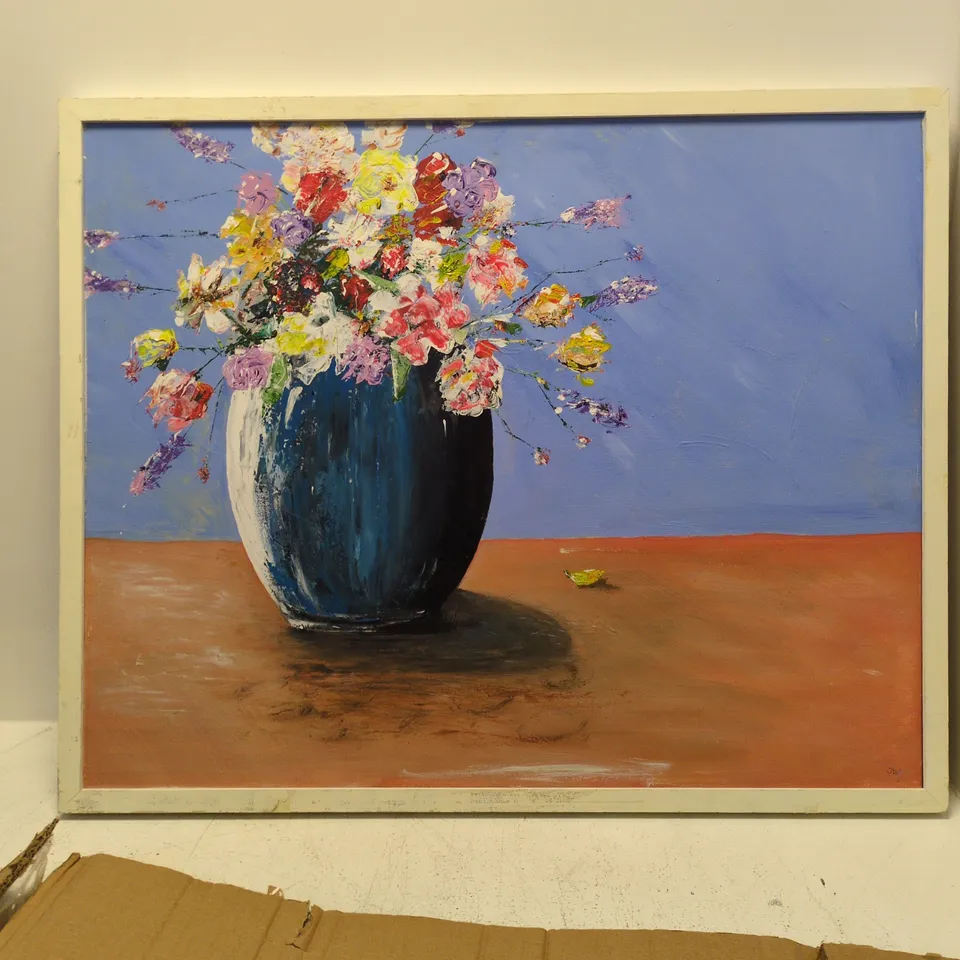 FRAMED FLORAL STILL LIFE PAINTING – BOUQUET IN BLUE VASE (JW SIGNATURE)