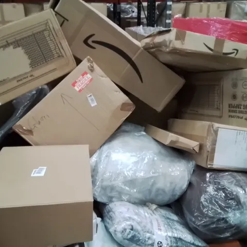 PALLET CONTAINING VARIOUS ASSORTED HOUSEHOLD ITEMS TO INCLUDE: AREA RUGS, CAT TREE, BUG ZAPPERS, STEEL PLANT STAKES AND LOTS MORE UNMARKED BOXED ITEMS 
