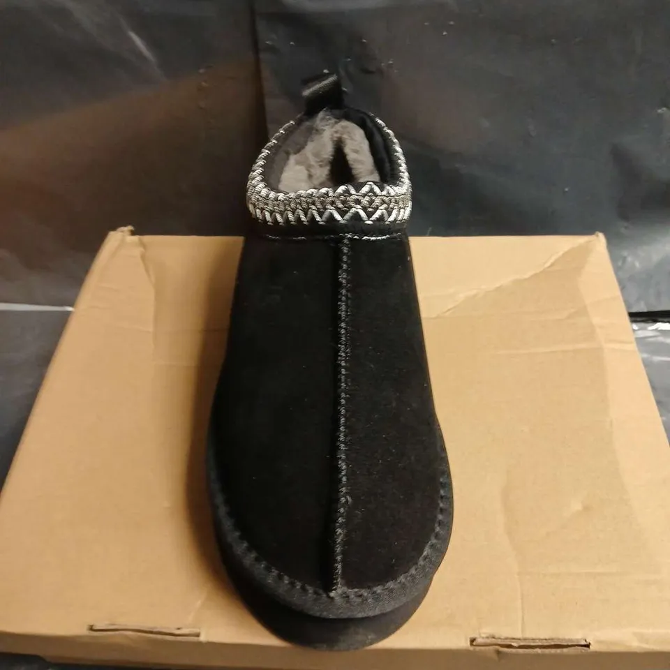 UGG BLACK SUEDE SLIPPERS WITH SHEARLING TRIM – WOMEN’S - UK SIZE 3