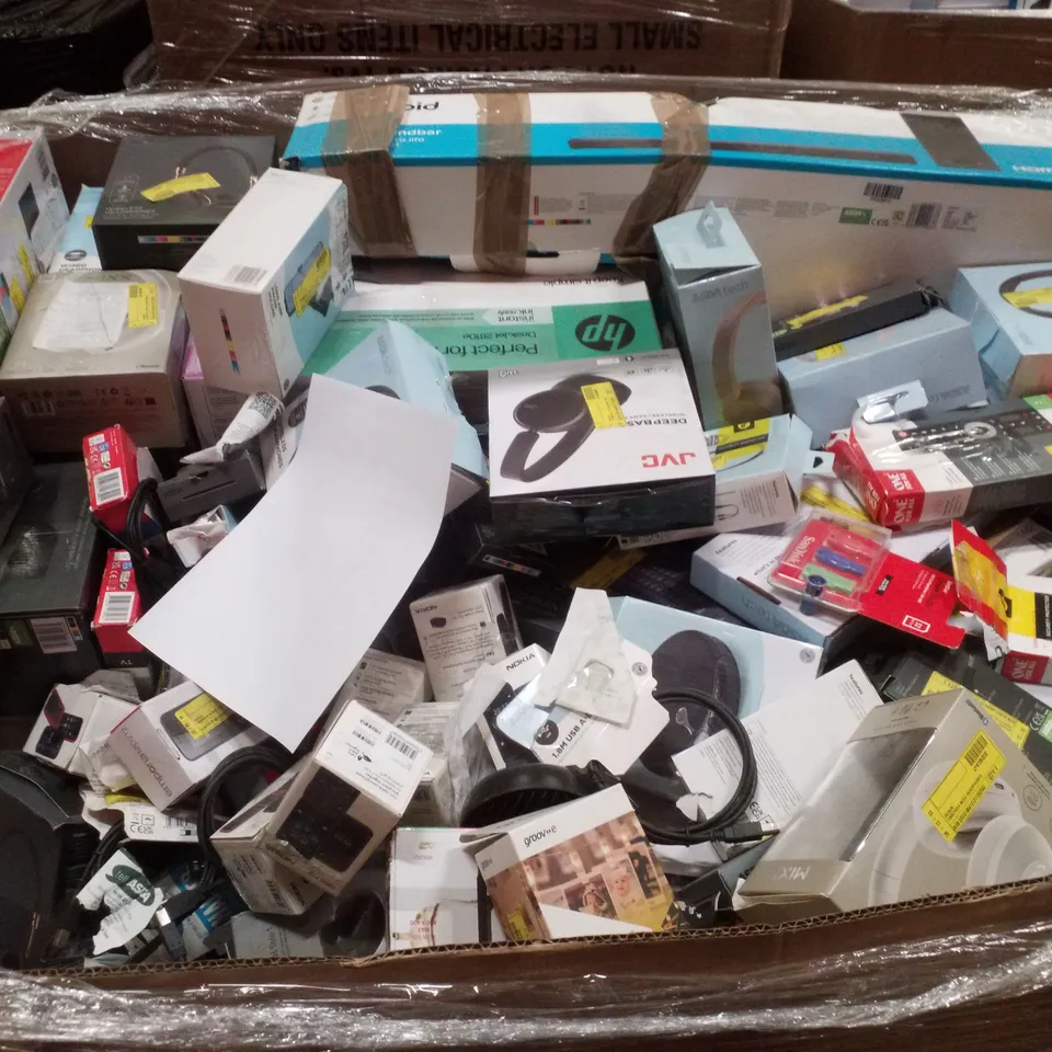 PALLET CONTAINING ASSORTED ELECTRICAL PRODUCTS INCLUDING CANON PIXMA PRINTER, HEADPHONES, NOKIA FLIP PHONES, UNIVERSAL TV WALL MOUNT & WIRELESS KEYBOARD AND MOUSE SET