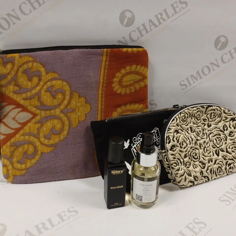 APPROXIMATELY 20 ASSORTED PRODUCTS TO INCLUDE TOM FORD EAU DE PARFUM, IGLORY MALABAR EAU DE PARFUM, MAKEUP BAG ETC. 