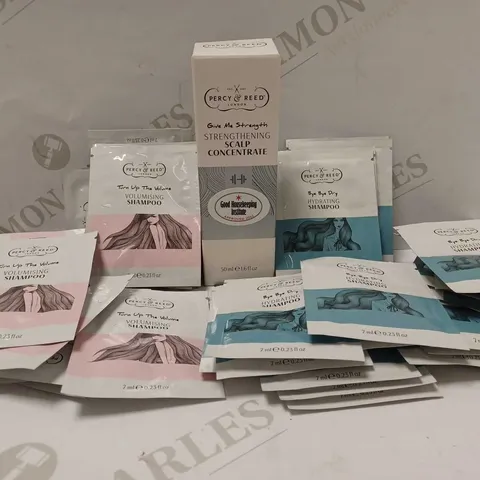 LOT OF 3 ASSORTED PERCY & REED PRODUCTS TO INCLUDE SCALP CONCENTRATE, TURN UP THE VOLUME VOLUMISING SHAMPOO, BYE BYE DRY HYDRATING SHAMPOO, ETC