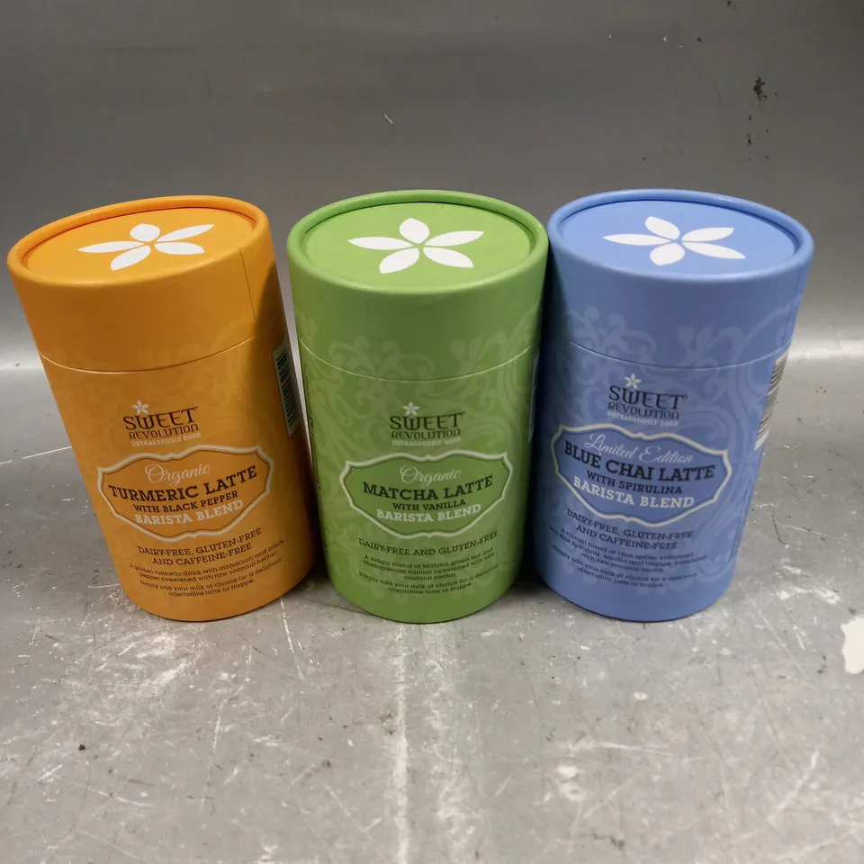 3 X SEALED SWEET REVOLUTION DRINKS PACKS TO INCLUDE TURMERIC LATTE, MATCHA LATTE, BLUE CHAI ETC 