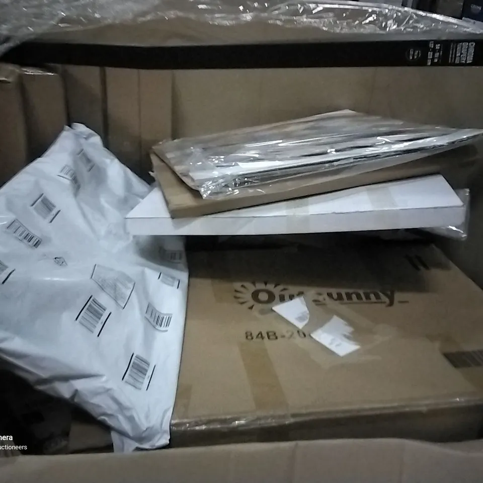 PALLET OF ASSORTED ITEMS INCLUDING VILEDA IRONING BOARD, DOOR CANOPY, VLEDAC MICTOFIBRE MOP, CURTAIN ROD WITH SQUARE FINALS, VEGTRUG GREENHOUSE, CLIMB CART WITH SEAT 