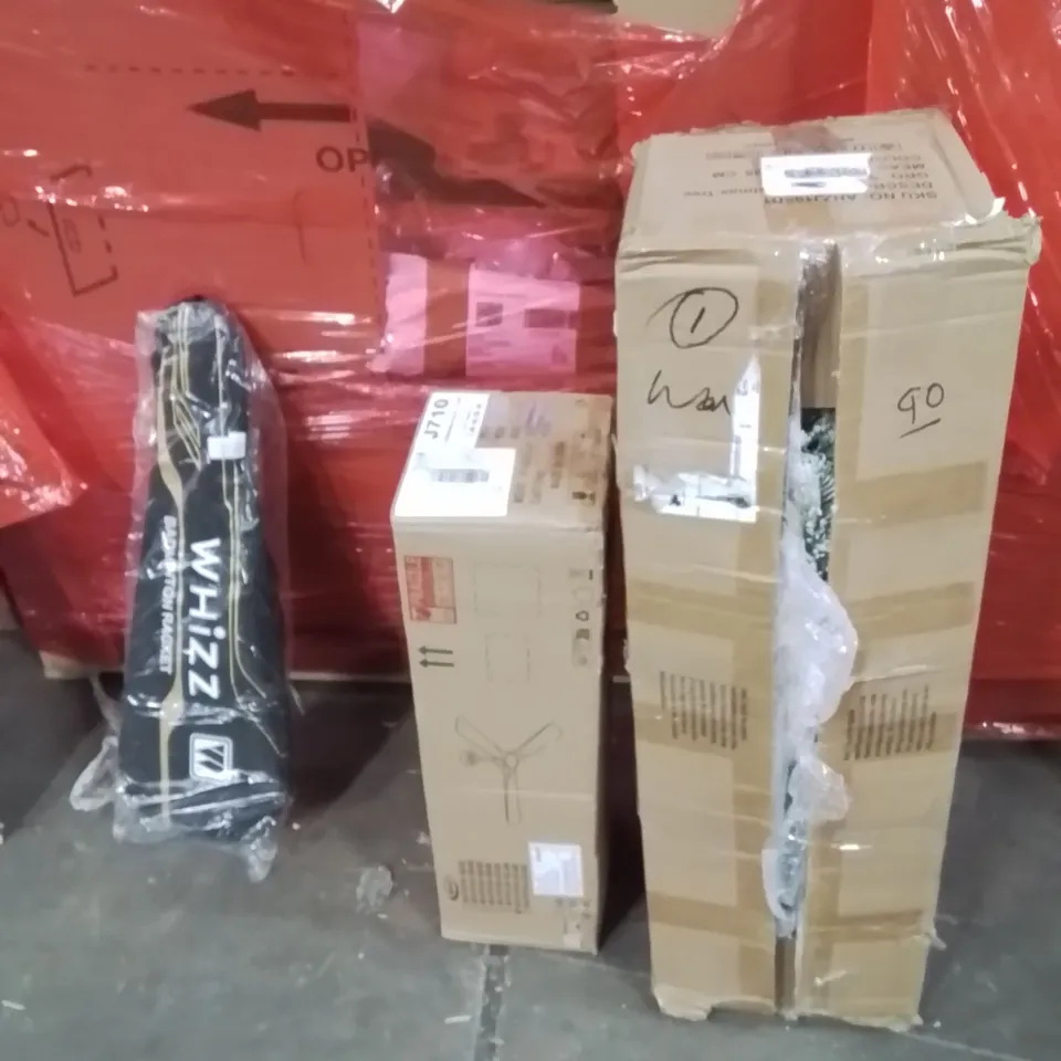 PALLET OF ASSORTED HOUSEHOLD GOODS AND PRODUCTS TO INCLUDE;CEILING FAN,PLAYMAT TENNIS RACKET