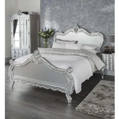 BRAND NEW BOXED ESTELLE SILVER ANTIQUE FRENCH STYLE SUPERKING SIZE BEDFRAME(4 BOXES)