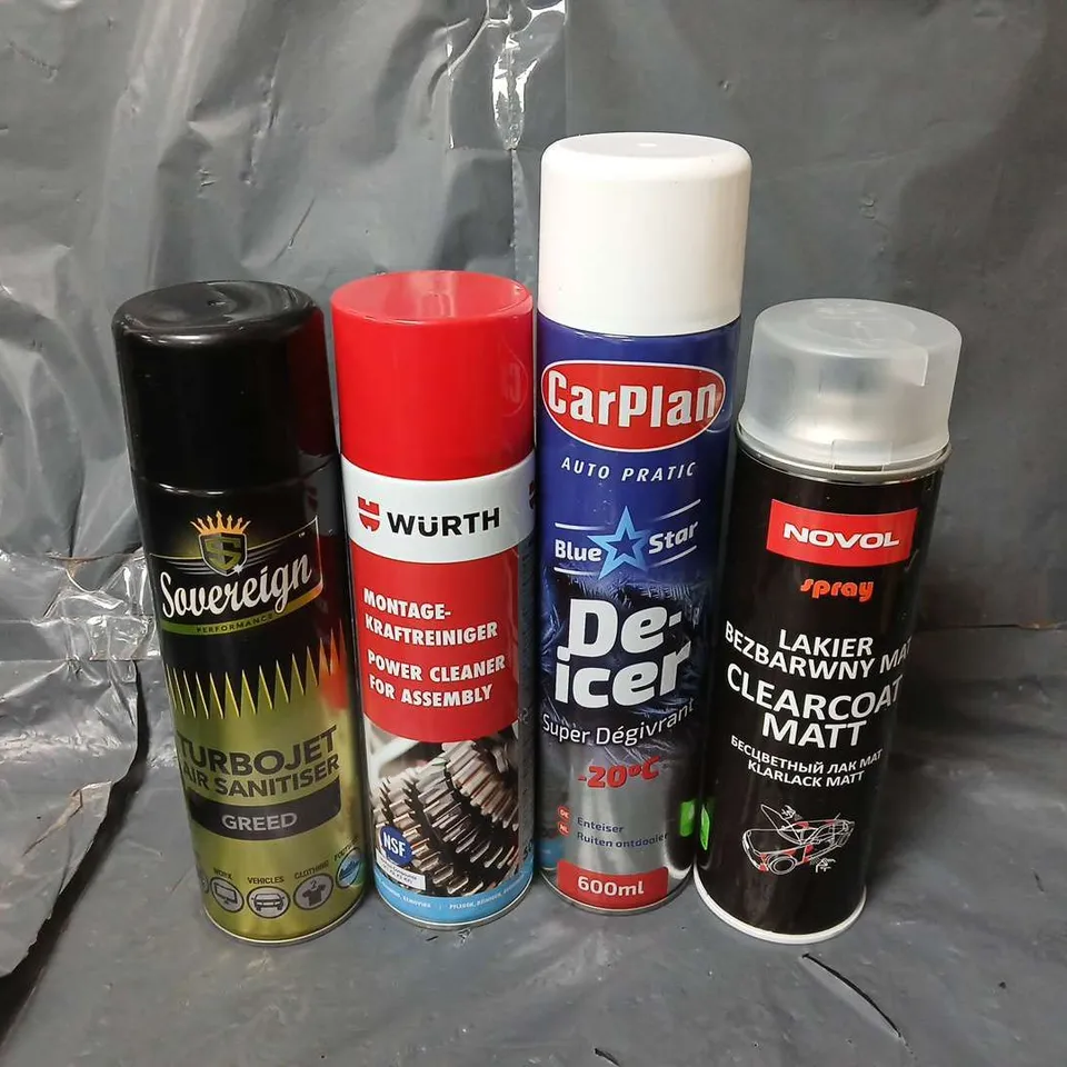 APPROXIMATELY 9 ASSORTED AEROSOLS TO INCLUDE NOVOL CLEARCOAT MATT SPRAY (500ml), CARPLAN BLUE STAR DE-ICER (600ml), WURTH POWER CLEAN (500ml), ETC - COLLECTION ONLY