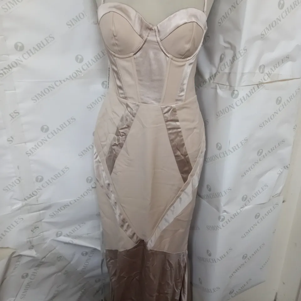CLUB LONDON SATIN SWEETHEART CORSET FISHTAIL MAXI DRESS IN CHAMPAGNE SIZE 10