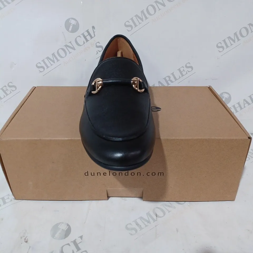 BOXED PAIR OF DUNE LONDON SNAFFLE SLIM SOLE LOAFERS IN BLACK LEATHER SIZE 5
