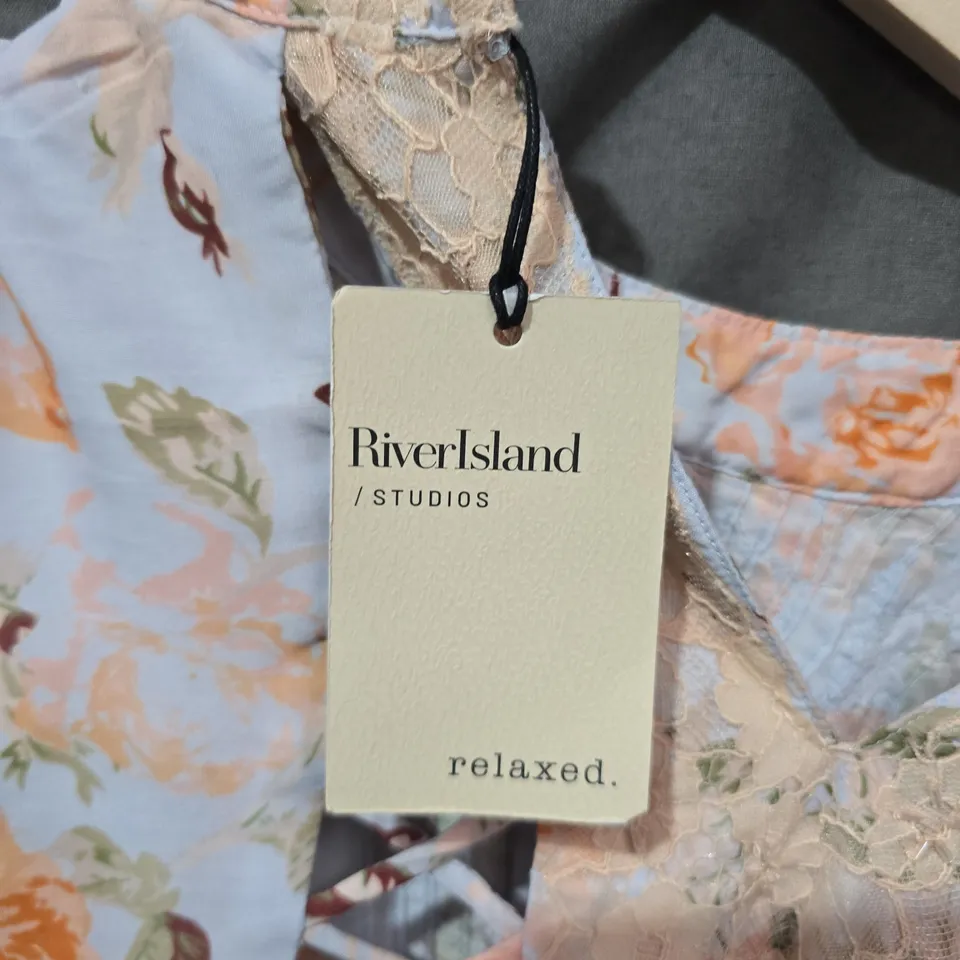 RIVER ISLAND STUDIO FLORAL DRESS WITH LACE PANELS – BLUE/PEACH, UK 10 (US 6) (VERIFY MODEL)