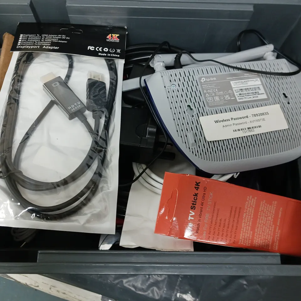 APROXIMATELY 10 ASSORTED HOUSEHOLD ITEMS TO INCLUDE TV STICK REMOTE, ROUTER, DISPLAY PORT, ETC