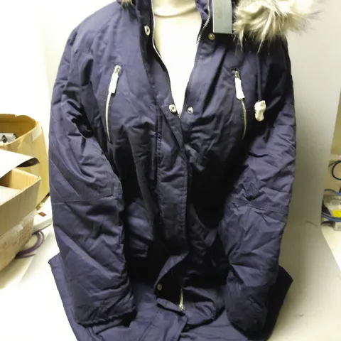 RUTH LANGSFORD PADDED JACKET WITH FUR LINED HOOD IN NAVY SIZE L