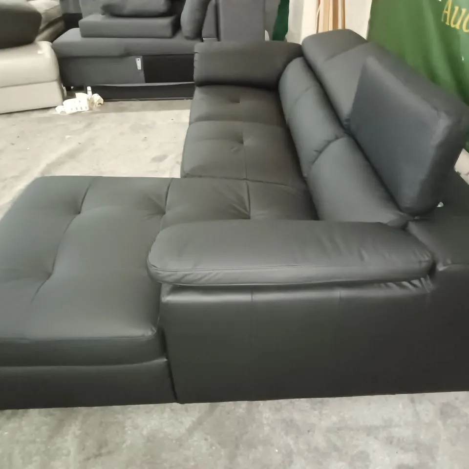 MATT BLACK FAUX LEATHER CHAISE 3-SEATER SOFA WITH ADJUSTABLE HEADRESTS