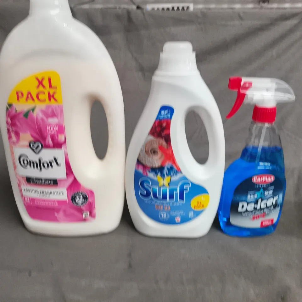 APPROX 10 ASSORTED ITEMS TO INCLUDE SURF LAUNDRY LIQUID; COMFORT XL PACK FABRIC SOFTENER; DE-ICER
