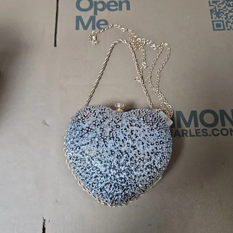 HEART-SHAPED RHINESTONE BLUE BEADED CLUTCH HANDBAG WITH CHAIN - BOXED 
