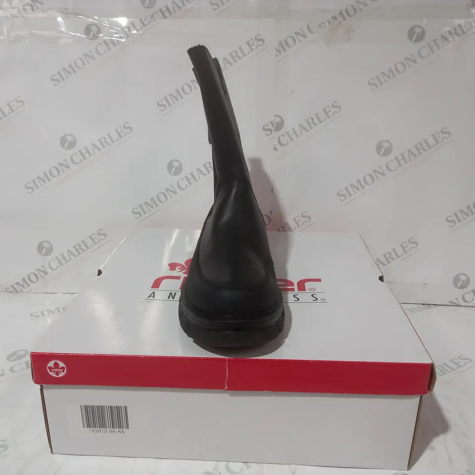 BOXED PAIR OF RIEKER CHELSEA BOOTS IN BLACK SIZE 6