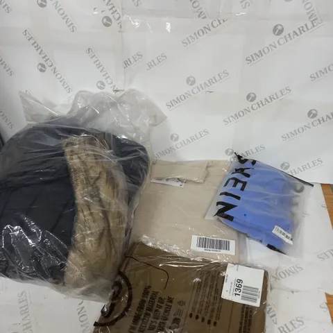 LARGE BOX OF ASSORTED CLOTHING ITEMS IN VARIOUS COLOURS AND SIZES INCLUDING TROUSERS , TOPS AND JUMPERS