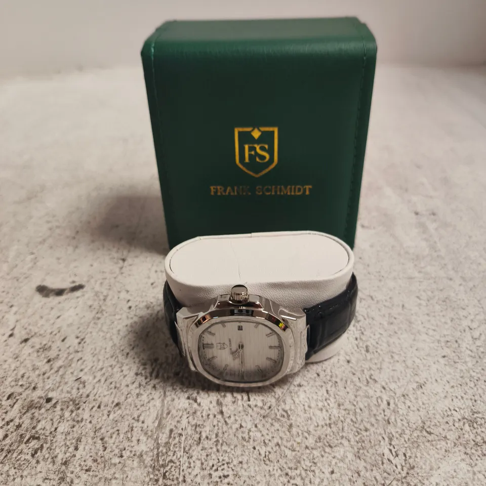 FRANK SCHMIDT FS WRISTWATCH WITH WHITE DIAL, STAINLESS STEEL CASE & BLACK LEATHER STRAP – BOXED