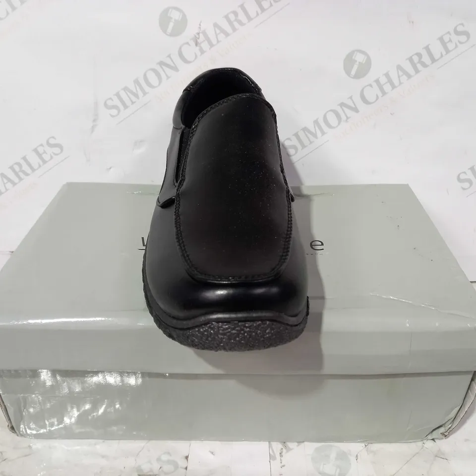 BOXED PAIR OF WILD TRIBE SLIP-ON SHOES IN BLACK UK SIZE 4