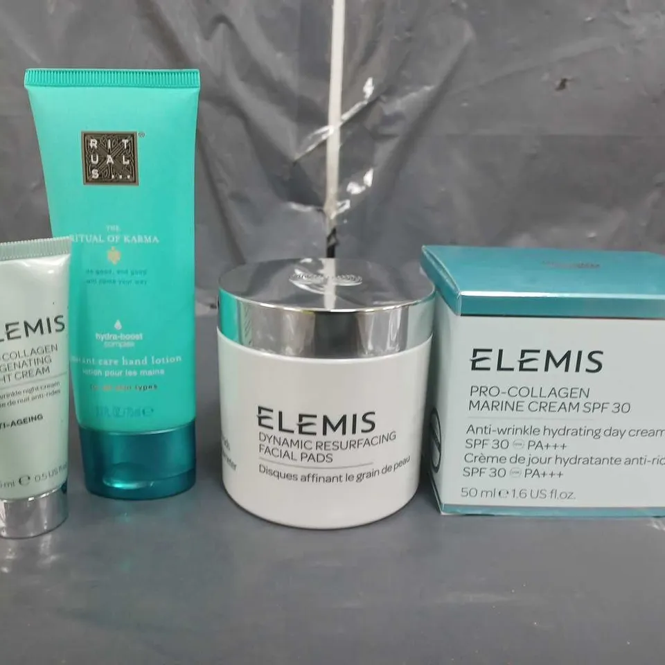 4 ASSORTED BEAUTY PRODUCTS TO INCLUDE ELEMIS DYNAMIC RESURFACING FACIAL PADS 60 PACK AND ELEMIS PRO-COLLAGEN MARINE CREAM