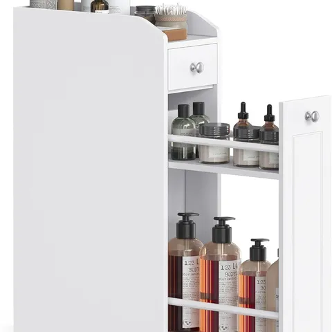 BOXED VASAGLE SMALL SLIM BATHROOM CABINET, BATHROOM ORGANISER, FREESTANDING TOILET PAPER STORAGE CABINET WITH SLIDE OUT DRAWERS, WHITE