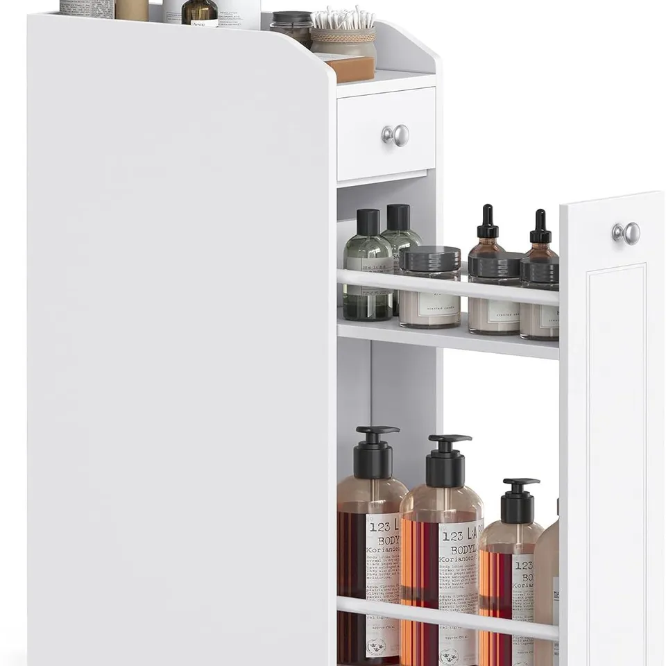 BOXED VASAGLE SMALL SLIM BATHROOM CABINET, BATHROOM ORGANISER, FREESTANDING TOILET PAPER STORAGE CABINET WITH SLIDE OUT DRAWERS, WHITE