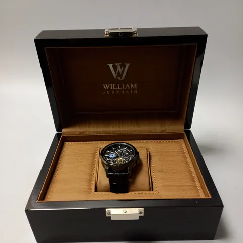 MENS WILLIAM JOURDAIN AUTOMATIC 2580 WATCH β OPEN HEART MOVEMENT WITH SUB DIALS β GLASS EXHIBITION BACK CASE β BLACK GENUINE LEATHER STRAP