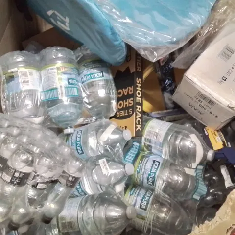 PALLET OF ASSORTED HOUSEHOLD GOODS AND PRODUCTS TO INCLUDE;SHOE RACK AND MULTIPLE BOTTLES OF WATER