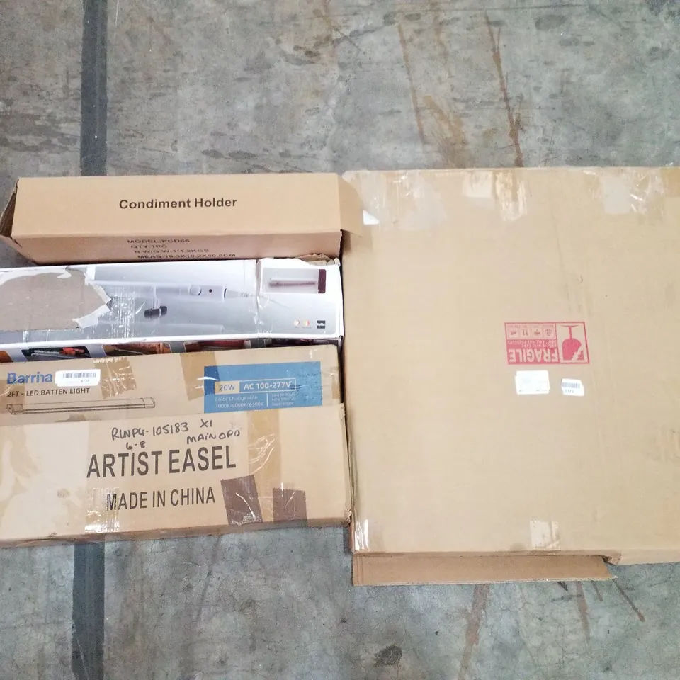 PALLET OF ASSORTED PRODUCTS INCLUDING CONDIMENT HOLDER, ECOHEATER, LED BATTEN LIGHT, ARTIST EASEL, ROUND WALL MIRROR