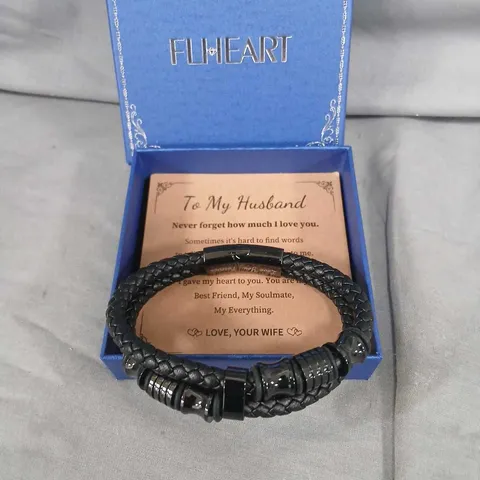BOXED FL HEART TO MY HUSBAND BRAIDED BLACK LEATHER BRACELET WITH METAL CLASP 