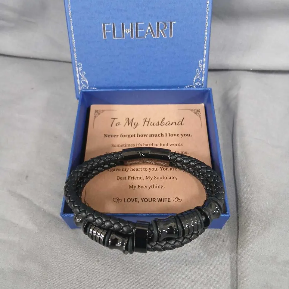 BOXED FL HEART TO MY HUSBAND BRAIDED BLACK LEATHER BRACELET WITH METAL CLASP 
