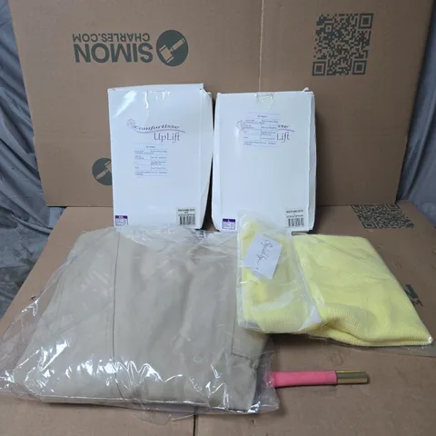 BOX OF APPROXIMATELY 20 X ASSORTED HOUSEHOLD ITEMS TO INCLUDE COMFORTISSE UPLIFT BRAS, CLOTHING, MAX FACTOR ETC