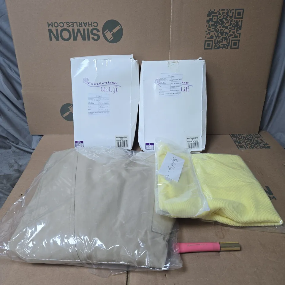 BOX OF APPROXIMATELY 20 X ASSORTED HOUSEHOLD ITEMS TO INCLUDE COMFORTISSE UPLIFT BRAS, CLOTHING, MAX FACTOR ETC