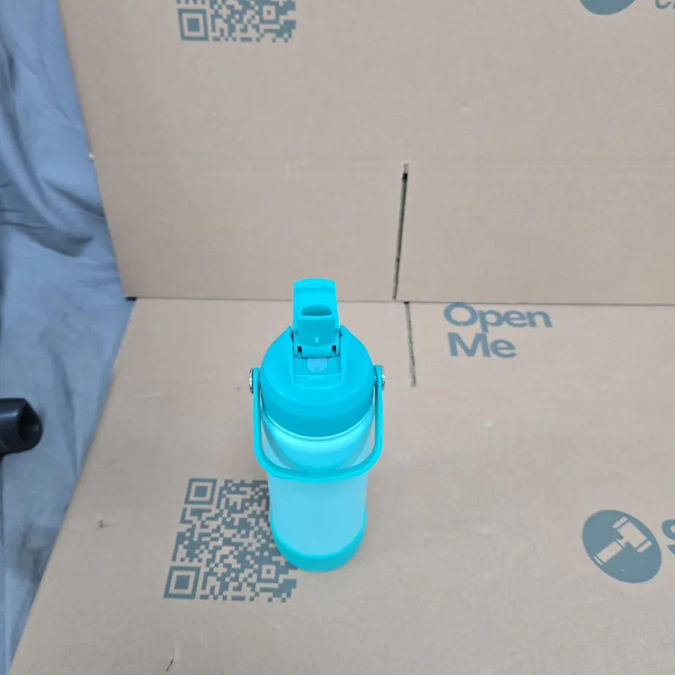 TURQUOISE WATER BOTTLE WITH CARTOON GIRL AND 'I FUCKING HATE PEOPLE' DESIGN