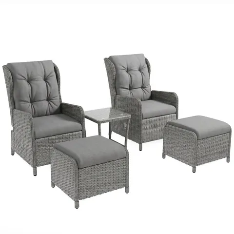 BOXED OUTSUNNY 5 PIECES RATTAN BISTRO SET WITH ADJUSTABLE BACK, RECLINING WICKER BALCONY FURNITURE WITH CUSHIONS, GLASS TOP COFFEE TABLE AND FOOTSTOOLS, OUTDOOR TABLE AND CHAIRS, LIGHT GREY (1 BOX)