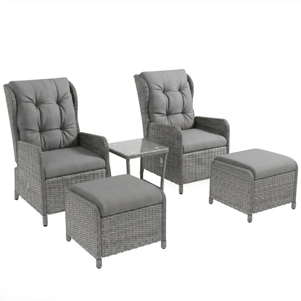 BOXED OUTSUNNY 5 PIECES RATTAN BISTRO SET WITH ADJUSTABLE BACK, RECLINING WICKER BALCONY FURNITURE WITH CUSHIONS, GLASS TOP COFFEE TABLE AND FOOTSTOOLS, OUTDOOR TABLE AND CHAIRS, LIGHT GREY (1 BOX)