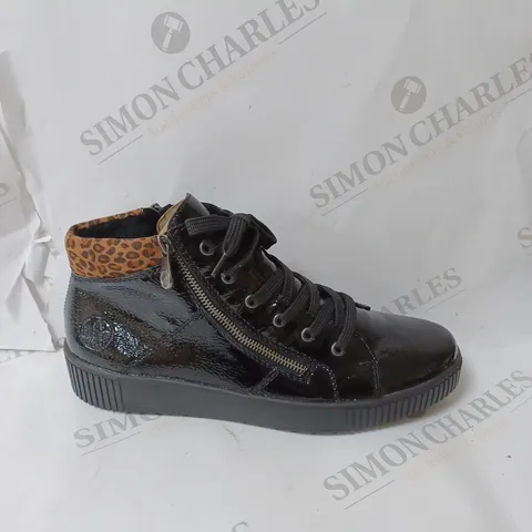 BOXED RIEKER HIGH TOP CUFFED SHOES, LEOPARD/BLACK - SIZE 7.5